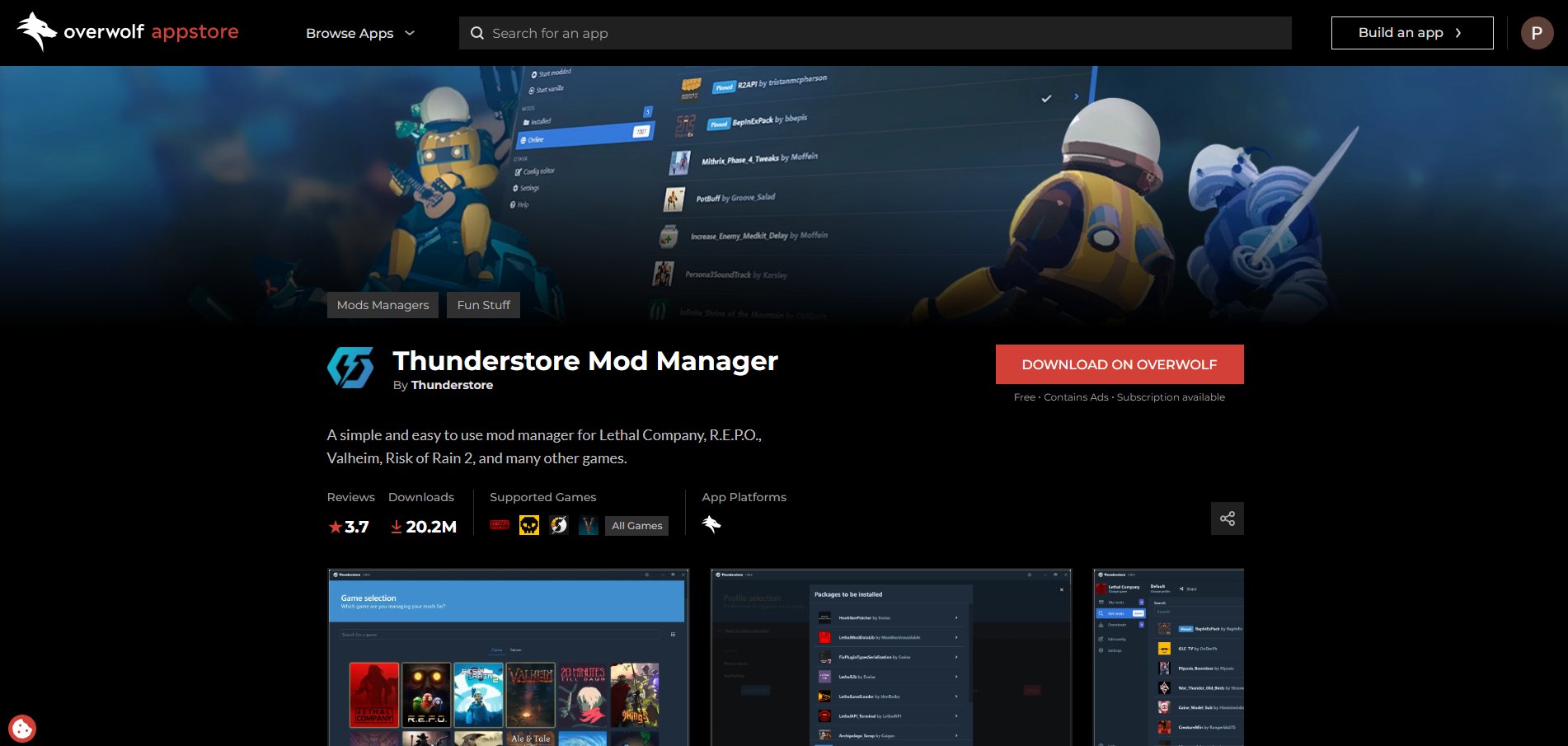 Page de telechargement Thunderstore sur Overwolf